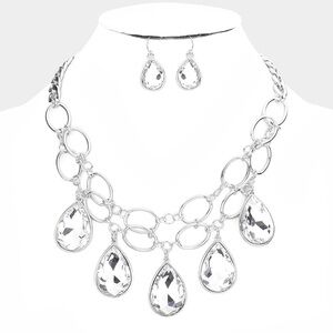 Teardrop Clear Stone  Silver Necklace and Earring Set